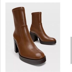 Stradivarius platform heeled ankle sock boots in brown
